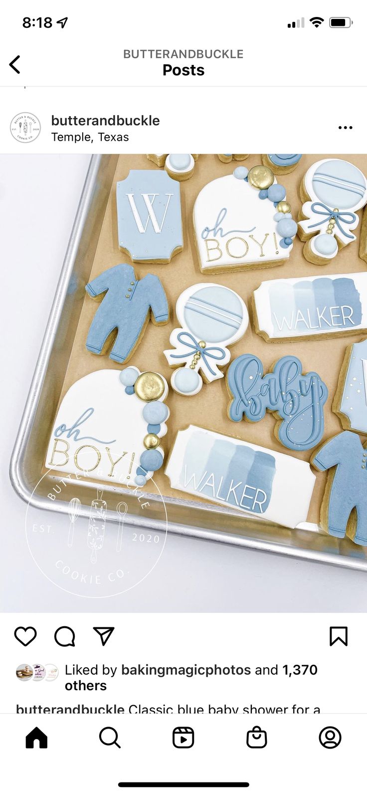 Charming Blue and White Cookie Design for Baby Showers with Playful Shapes and Elegant Embellishments.