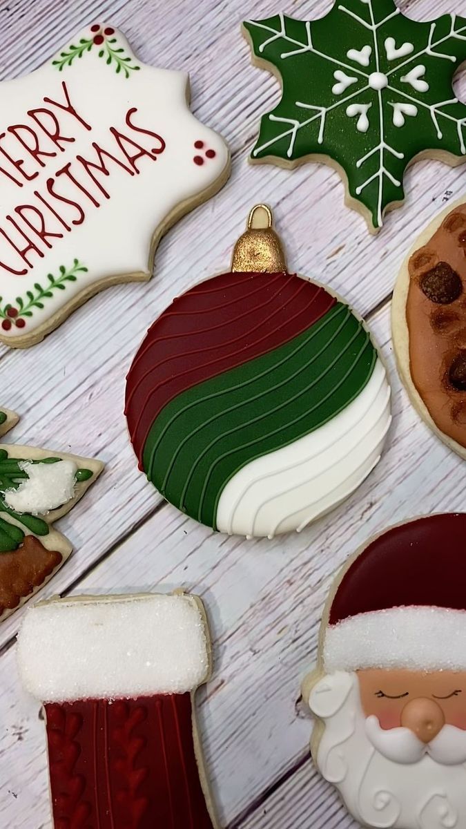 Festive Holiday Cookies: Decorative Designs Inspired by Christmas Ornaments, Snowflakes, Trees, and Santa.