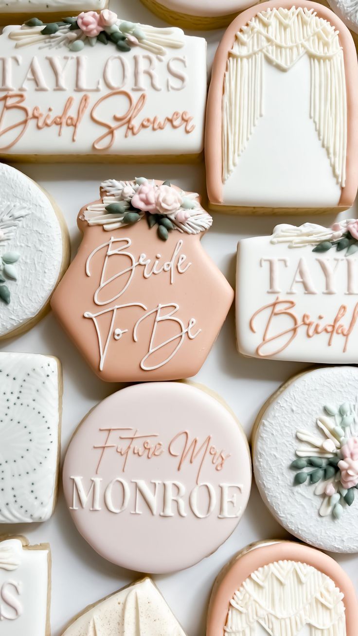 Chic Bridal Shower Cookies with Floral Designs in Soft Pastels