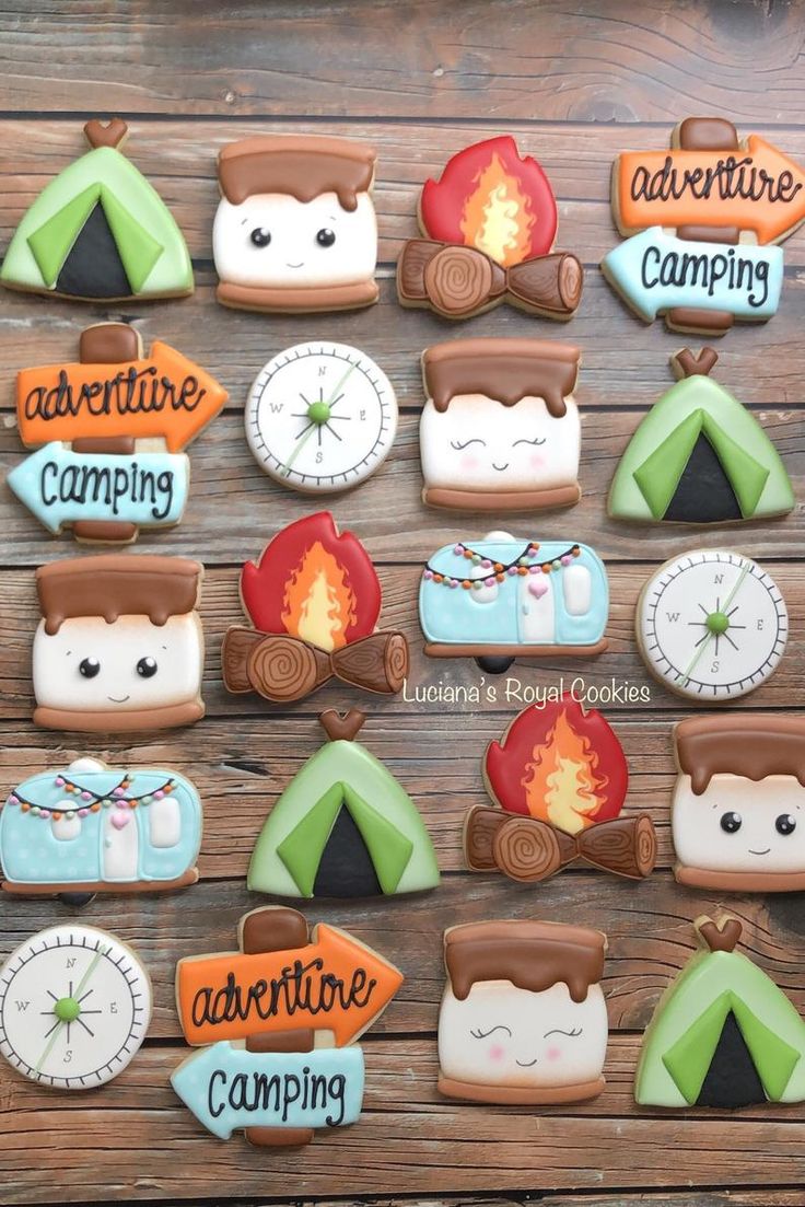 Whimsical Camping-Themed Cookies Featuring Tents, Marshmallows, and Campfires.