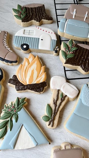 Camping-Themed Decorative Cookies with Vibrant Icing for Outdoor Celebrations.