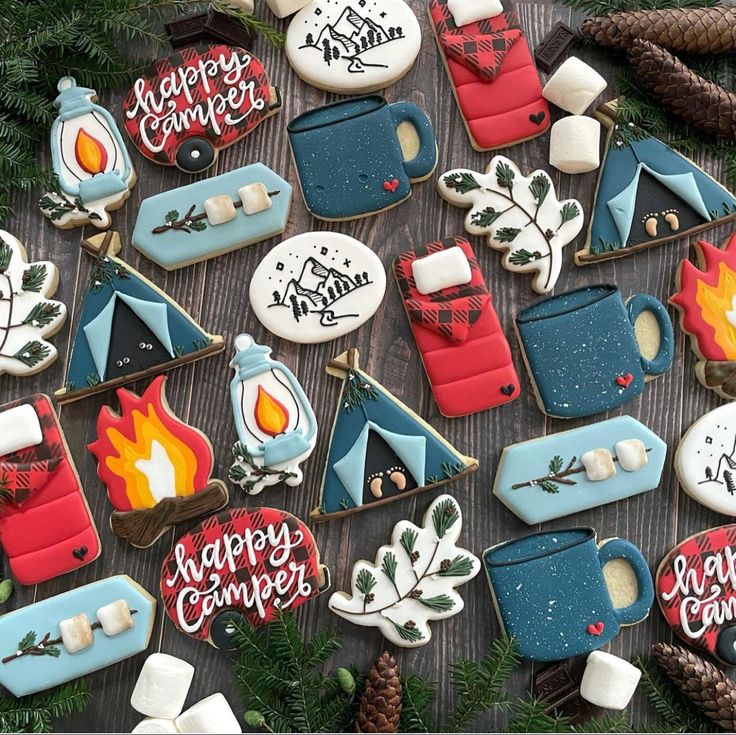 Delightful Camp-Themed Cookies: Vibrant Designs and Festive Flair for Outdoor Gatherings.