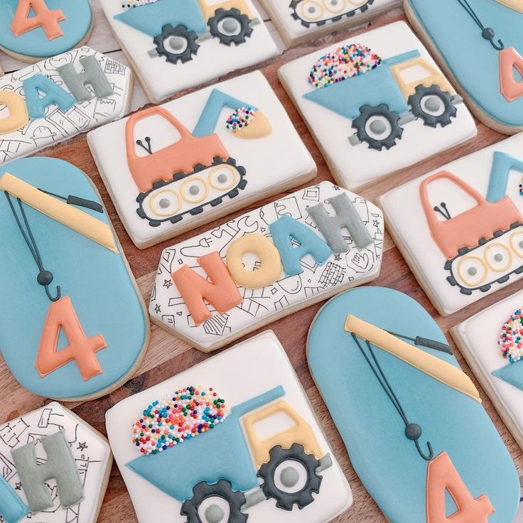 Playful Construction-Themed Cookies in Vibrant Colors for Birthday Celebrations.