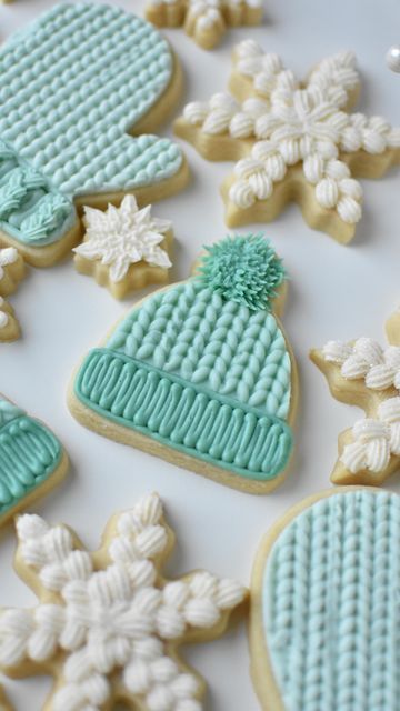 Cozy Winter-Themed Cookies with Knitted Hat, Mittens, and Festive Icing Details.