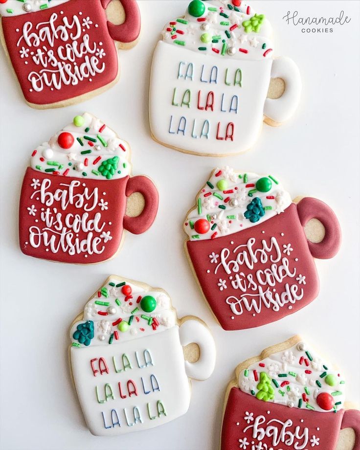 Delightful Festive Cookie Designs with Colorful Cocoa Mugs for Holiday Celebrations.