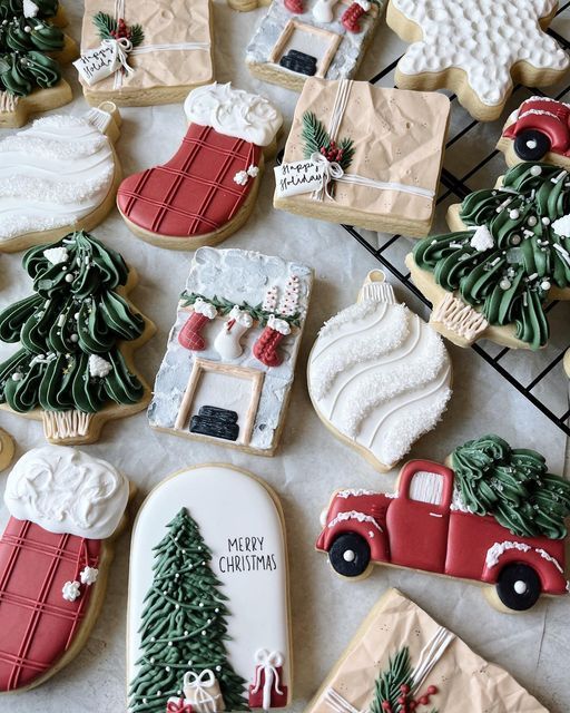 Intricately Decorated Festive Cookies: Adorable Holiday Shapes in a Cheerful Color Palette