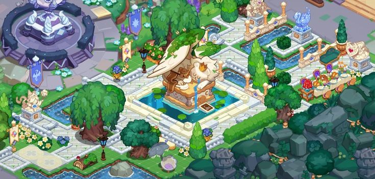 Enchanting digital garden with lush greenery, serene water features, and whimsical decor for relaxation and creativity.