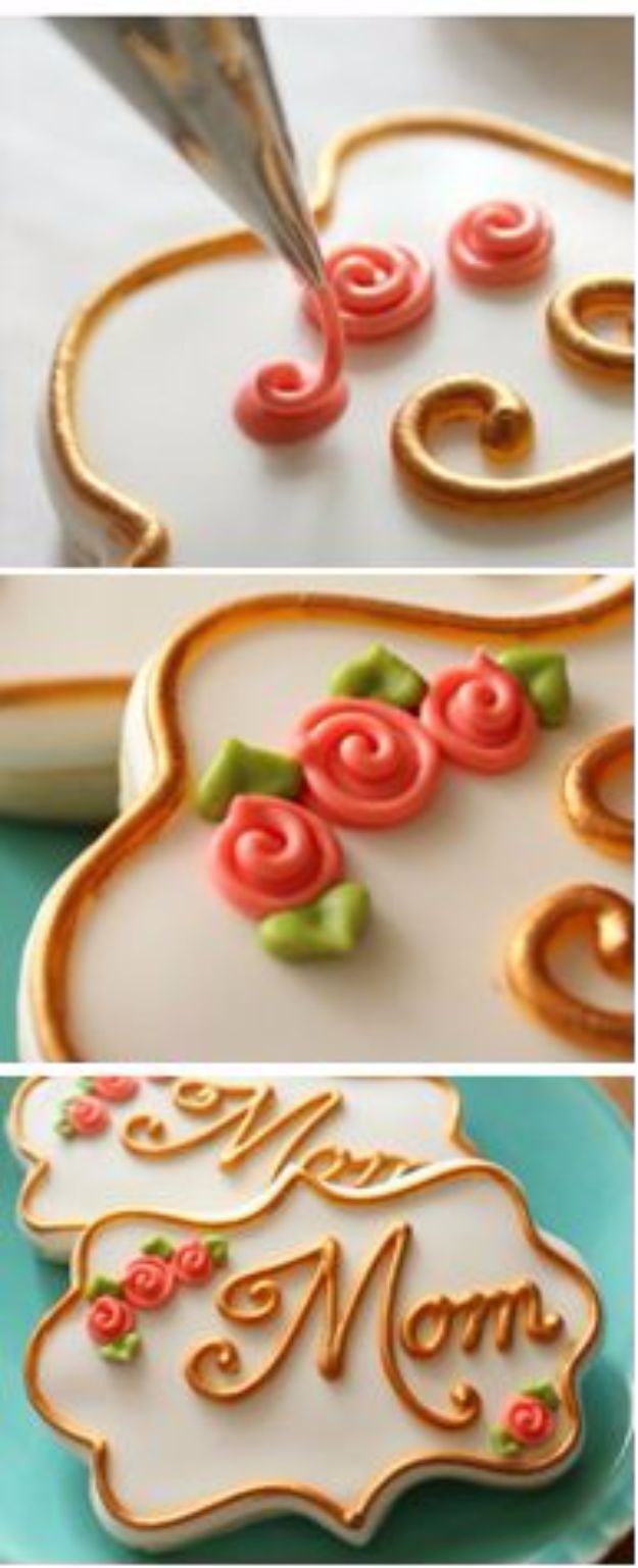 Elegant Floral Cookie Designs with Intricate Piping and Gold Detailing.