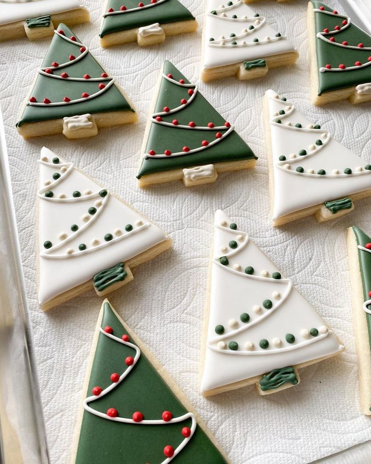 Whimsical Christmas Tree Cookies Adorned with Festive Icing and Ornaments.