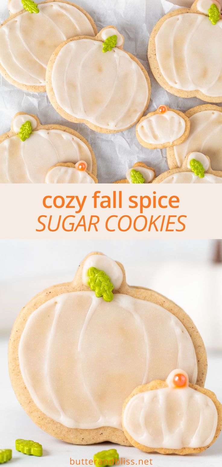 Cozy Autumn-Inspired Pumpkin-Shaped Sugar Cookies with Icing and Green Leaves.