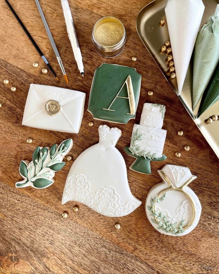 Aesthetic Wedding-Themed Cookies Featuring Delicate Details in Elegant Greens and Whites.