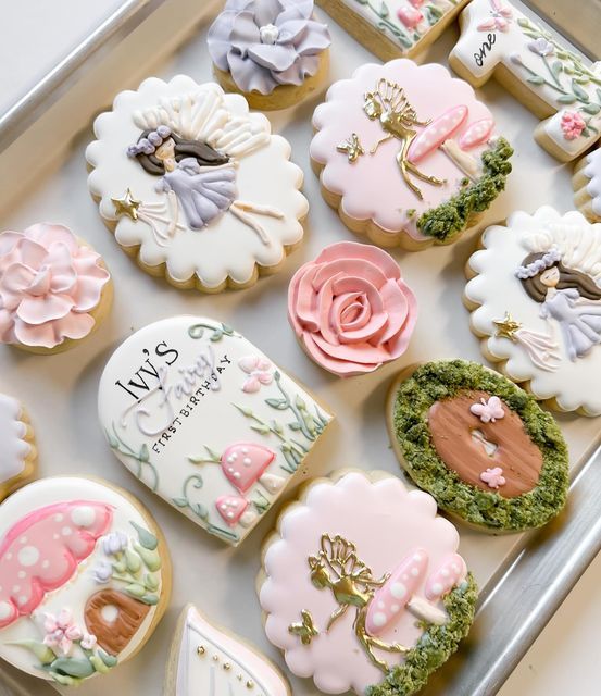 Whimsical Fairy-Tale Sugar Cookies: A Delightful Assortment of Pastel Designs and Magical Decorations.