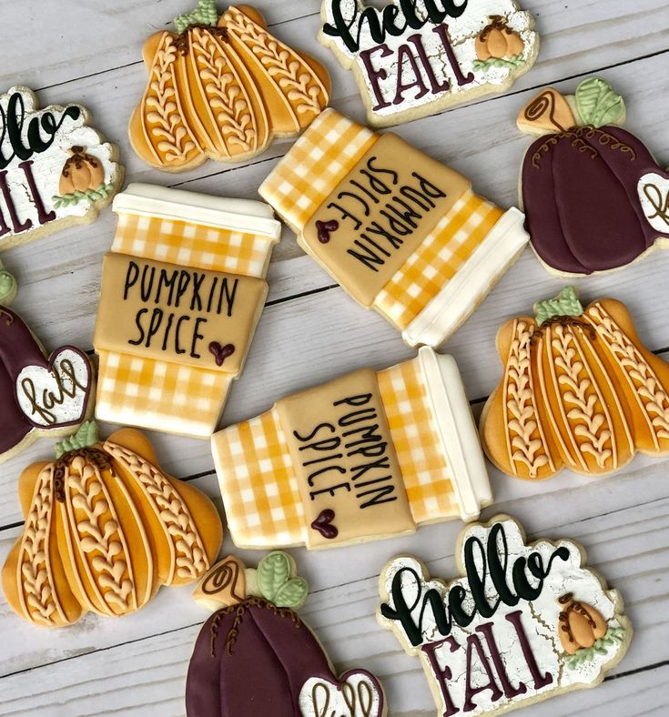 Autumn-Inspired Cookies with Pumpkin Designs and Cozy Seasonal Coffee Cups.