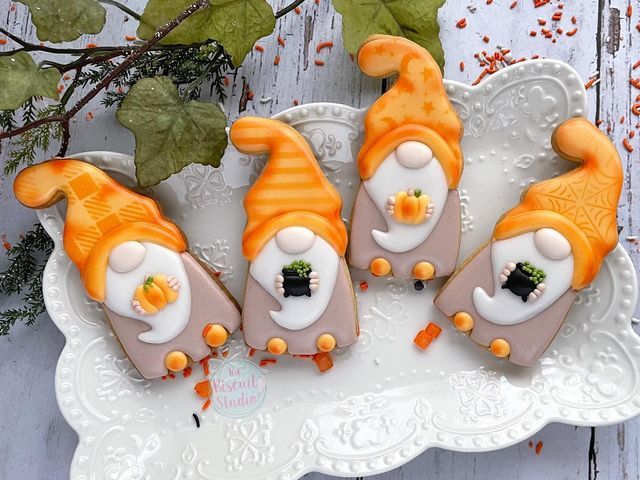 Charming Festive Gnome Cookies in Vibrant Autumn Colors on Elegant Platter