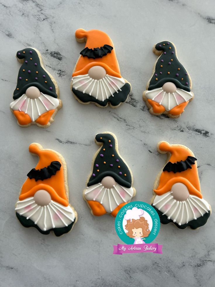 Whimsical Gnome Cookies in Festive Black and Orange Icing