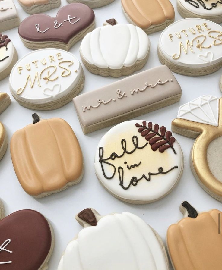 Elegant Autumn-Inspired Decorative Cookies for Fall Weddings and Engagements.