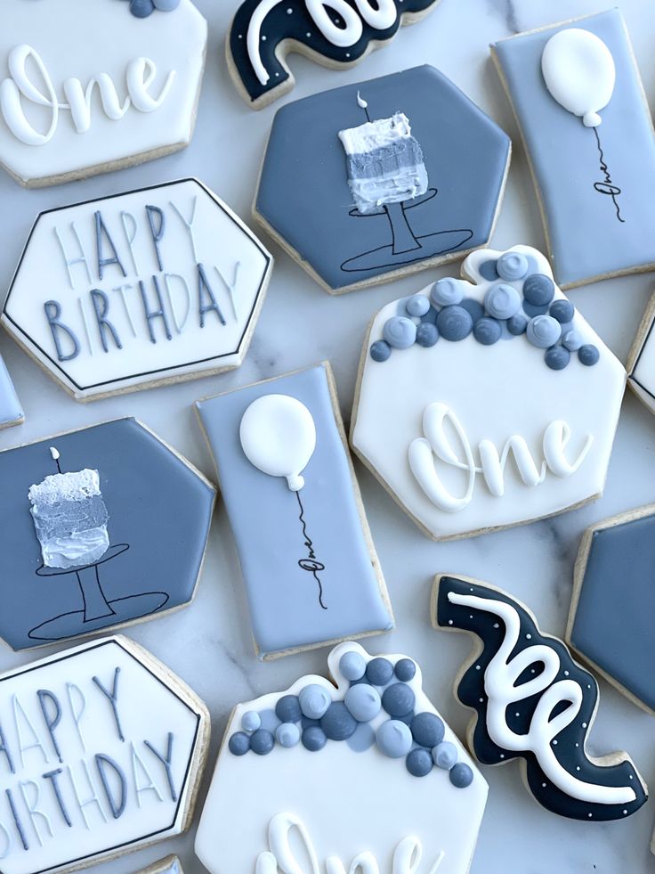 Elegant Black, White, and Gray Birthday Cookie Designs with Festive Motifs