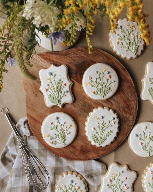 Artisanal Floral Cookies Artfully Displayed on a Rustic Wooden Platter.