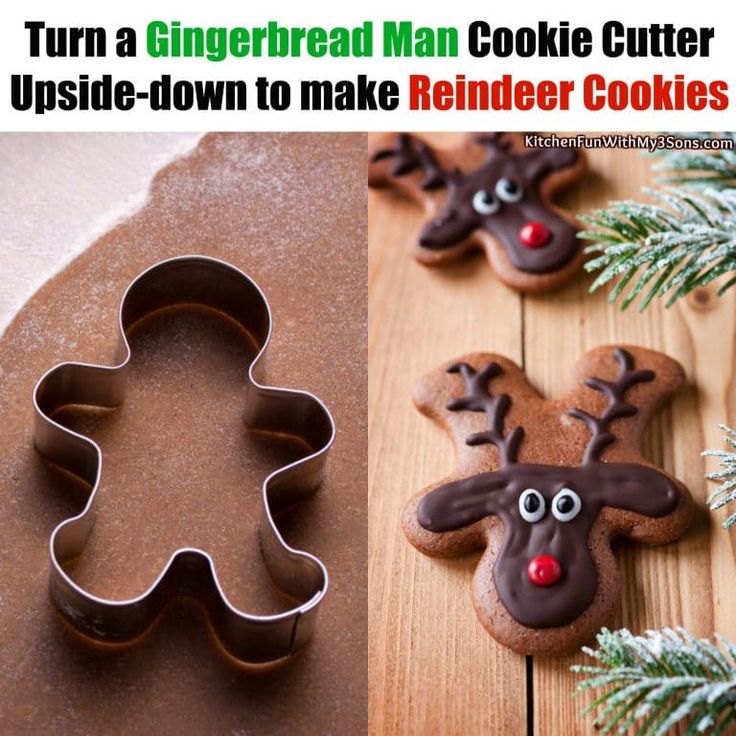 Whimsical Reindeer Cookies Crafted with Upside-Down Gingerbread Man Cutter and Festive Accents.