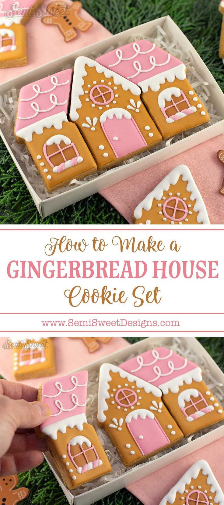 Whimsical Gingerbread House Cookie Set: Festive Pastel Pink and Icing Details for Holiday Gatherings.