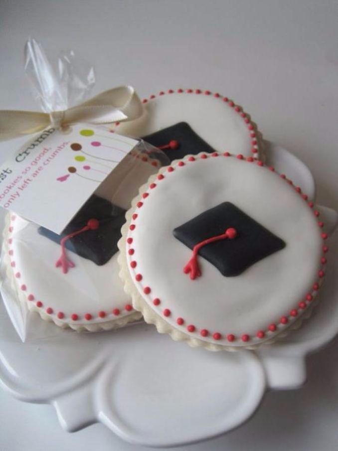 Graduation-Themed Decorative Cookies with Black Caps and Red Bead Accents.