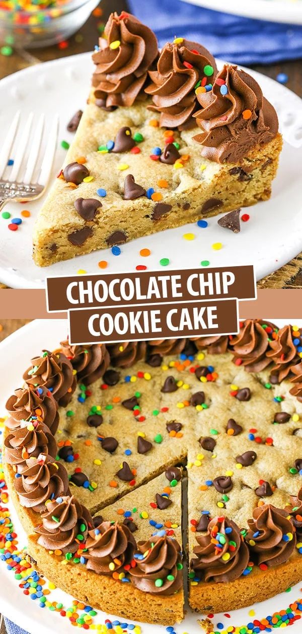 Indulgent Chocolate Chip Cookie Cake: A Gooey Delight Topped with Rich Frosting and Colorful Sprinkles.