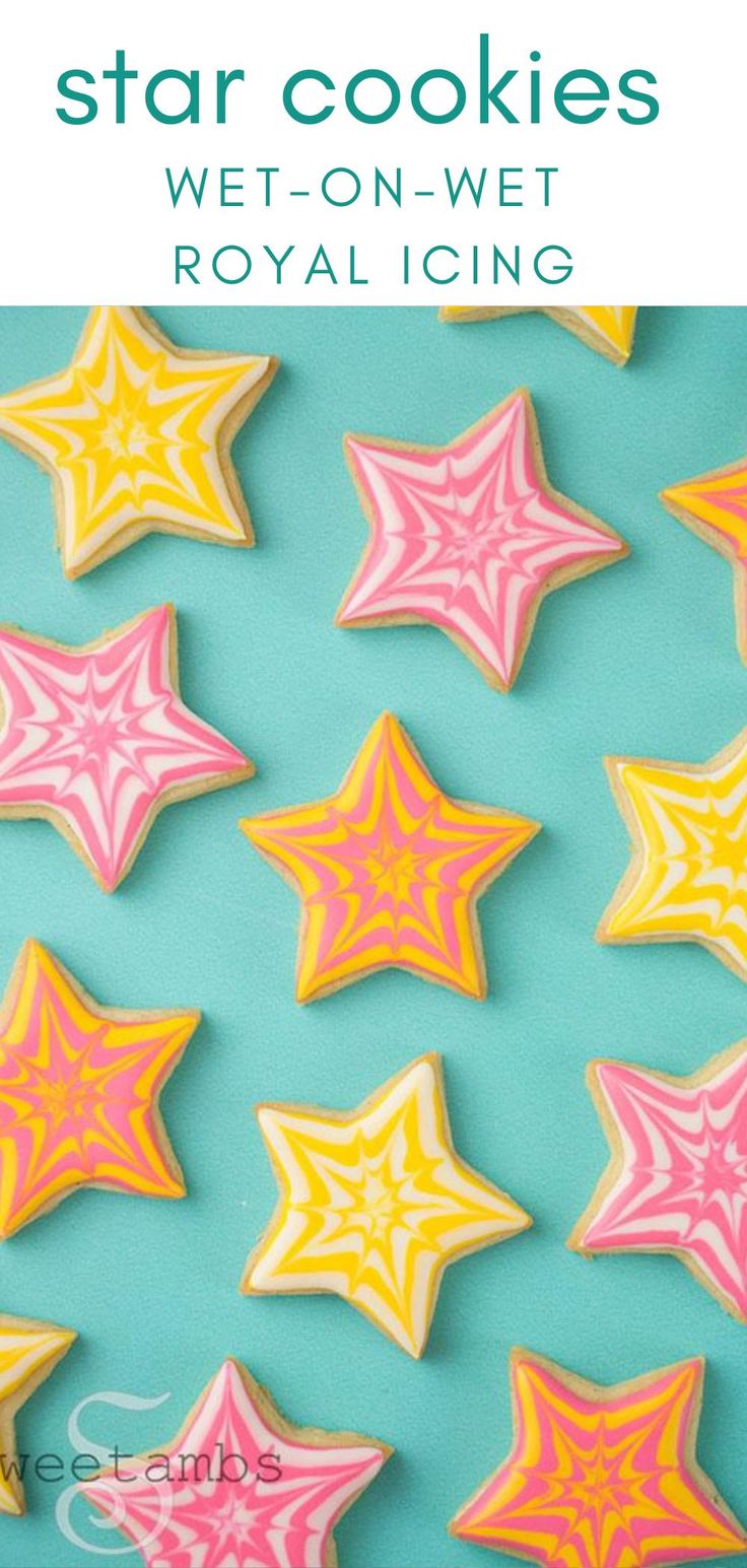 Vibrant Star Cookies: Festive Treats in Pink, Yellow, and Turquoise.