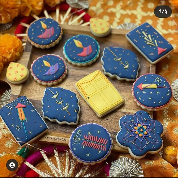 Festively Decorated Colorful Cookies on a Wooden Platter