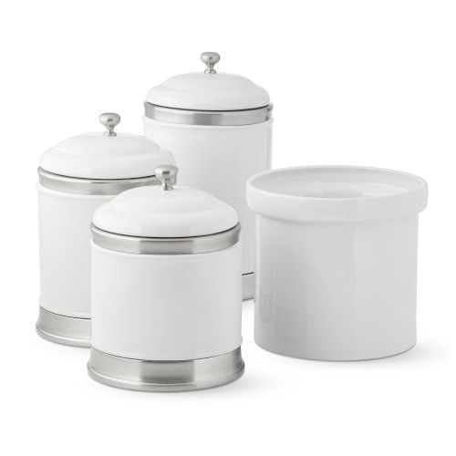 Sleek Modern Ceramic Canisters with Glossy White Finish and Silver Accents for Elegant Storage.