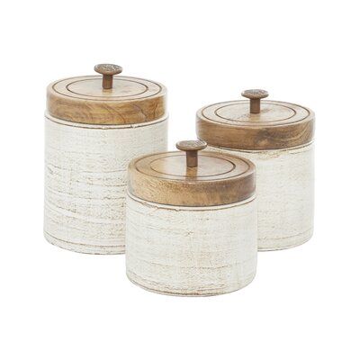 Charming Rustic Decorative Storage Canisters with Textured White Finish and Wooden Lids.