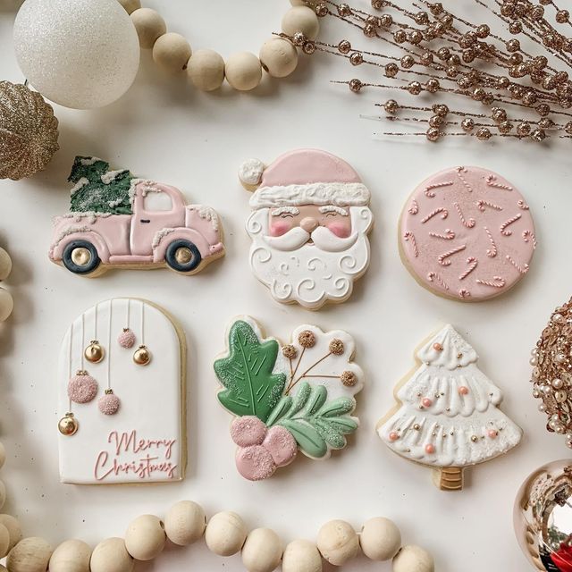 Cheerful Holiday-Themed Festive Cookies with Intricate Pastel Designs.