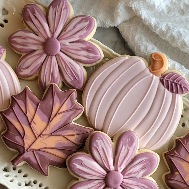 Elegant Fall-Themed Cookies with Floral, Pumpkin, and Leaf Designs in Soft Pastels