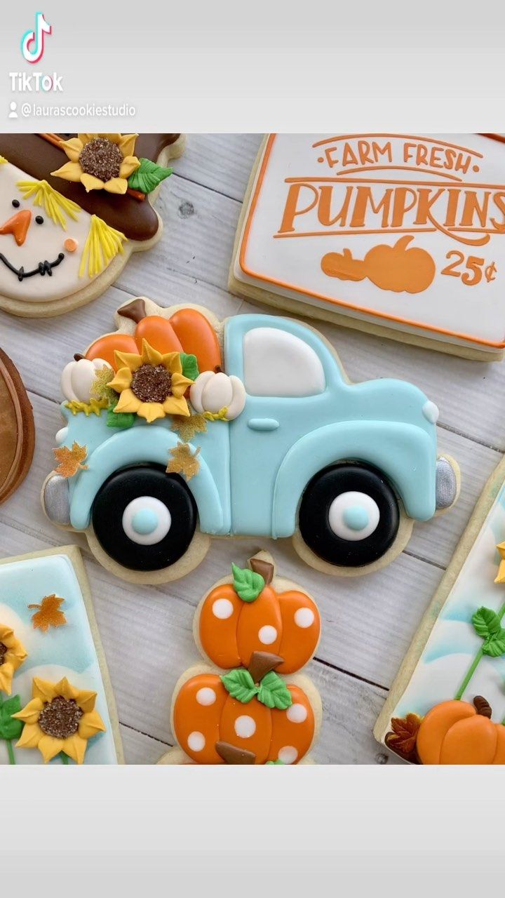 Whimsical Autumn Cookie Design with Vintage Truck, Pumpkins, and Sunflowers