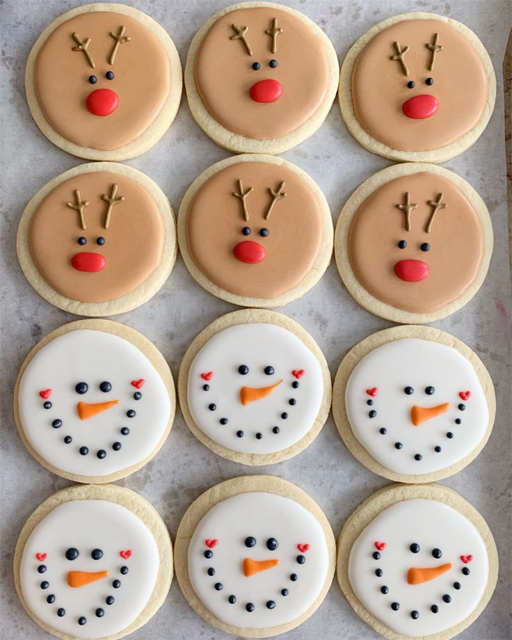 Holiday-Themed Festive Cookies: Reindeer and Snowmen Designs.