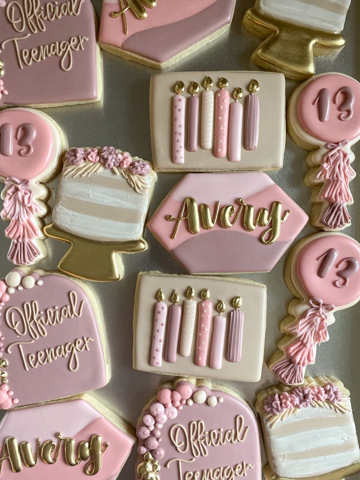 Charming Decorative Cookies with Pink, White, and Gold for a Teen Birthday Celebration.