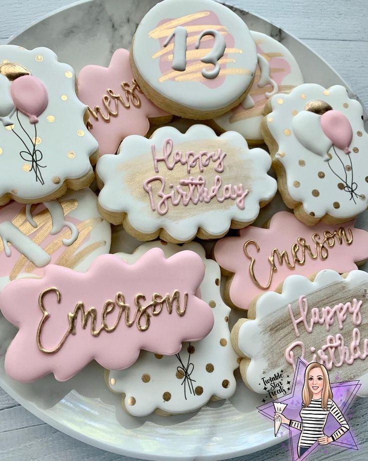 Elegant Decorative Birthday Cookies with Playful Designs in Soft Pastels and Gold Accents.