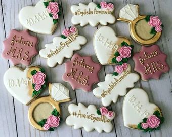 Romantic Decorated Cookies with Heart and Ring Designs for Bridal Celebrations