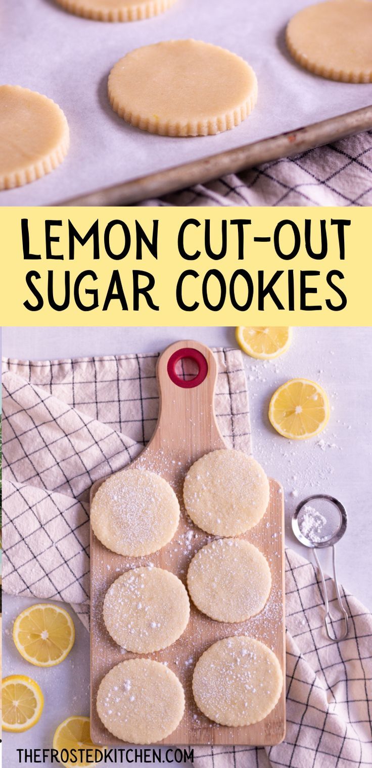 Inviting Sugar Cookies with Powdered Sugar and Fresh Lemon Slices on a Wooden Board.