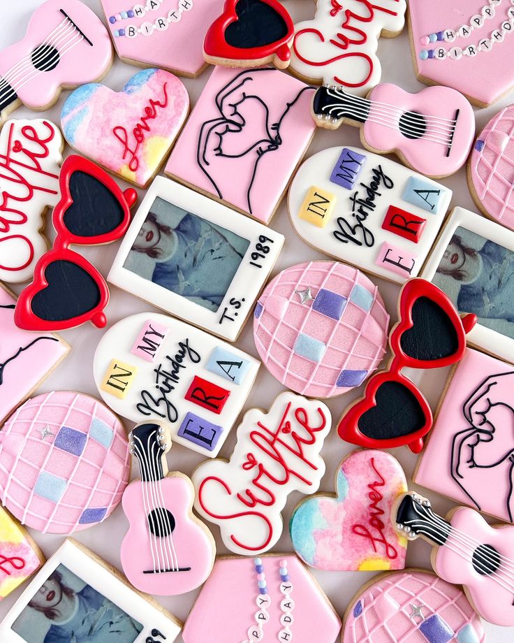 Vibrant, Themed Cookie Designs Blend Hearts, Guitars, and Personalized Flair.