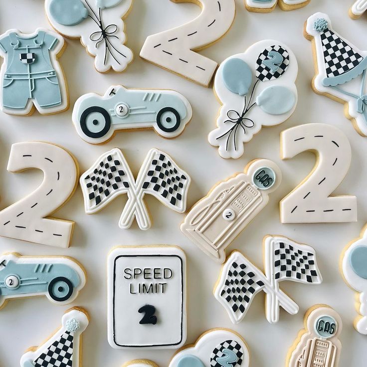 Vibrant Racing and Birthday-Themed Cookies with Charming Designs and Festive Color Palette.