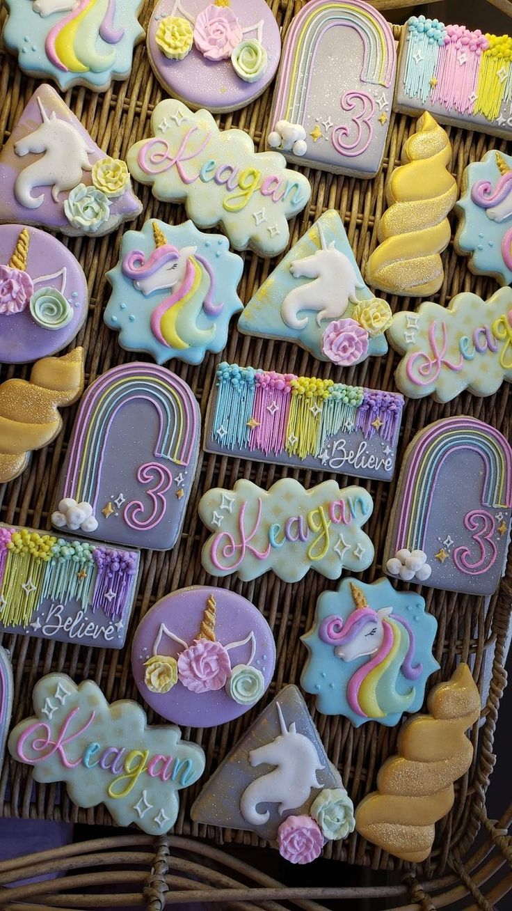 Whimsical Colorful Cookie Decorations with Unicorns and Rainbows in Pastel Perfection.