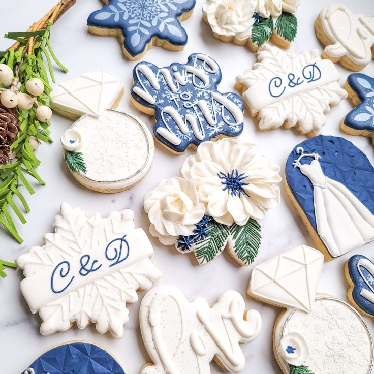 Sophisticated Winter Cookie Designs with Intricate Snowflake Patterns and Romantic Wedding Accents.