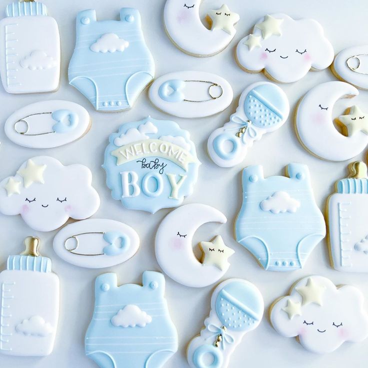 Adorable Baby-Themed Cookies in Soft Blue Tones for Celebrations