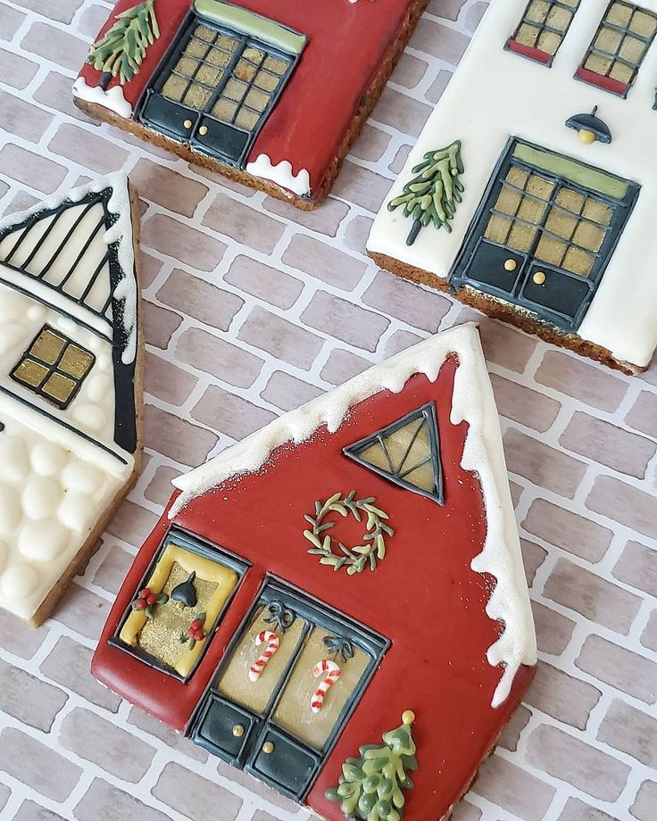 Festive Gingerbread Houses: Whimsical Designs with Intricate Icing and Cozy Holiday Colors.