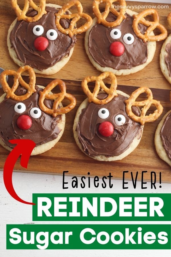 Festive Reindeer Sugar Cookies with Chocolate Frosting and Pretzel Antlers.