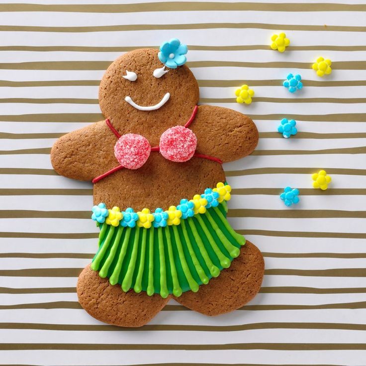 Tropical-Themed Gingerbread Figure: Festive and Whimsical Design with Colorful Accessories.