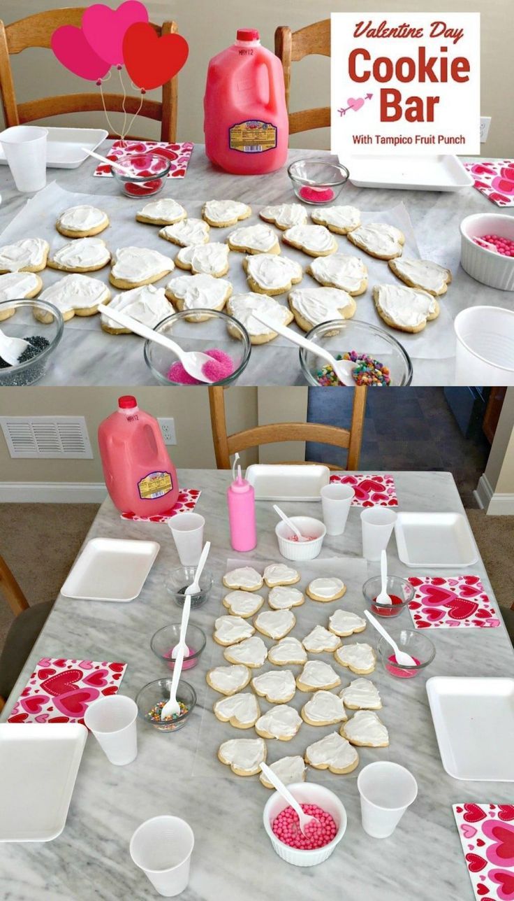 Festive Heart-Shaped Cookie Decorating Setup for Valentine's Day.