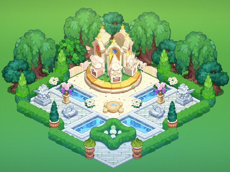 Serene Garden Oasis with Temple, Statues, and Tranquil Water Features.