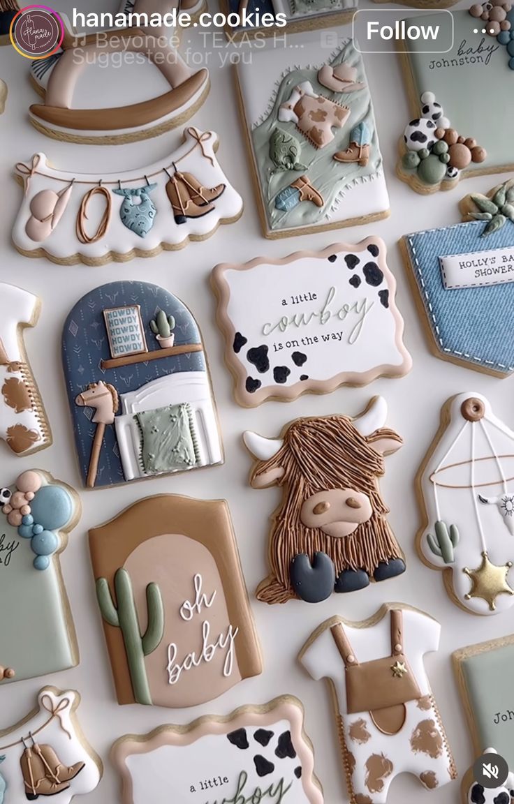 Charming Cowboy-Themed Cookies for a Whimsical Baby Shower Celebration.