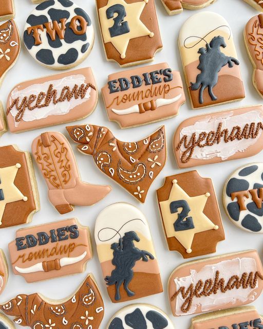 Cowboy-Themed Colorful Cookies with Unique Designs for Western Celebrations.